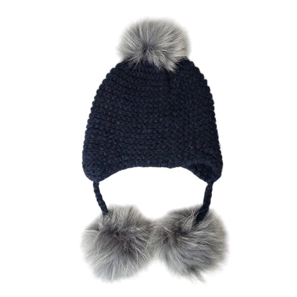 INVERNI Blue Beanie Hat Baby Alpaca Wool Knit Made in Italy Real Fur Pompoms - Picture 1 of 7